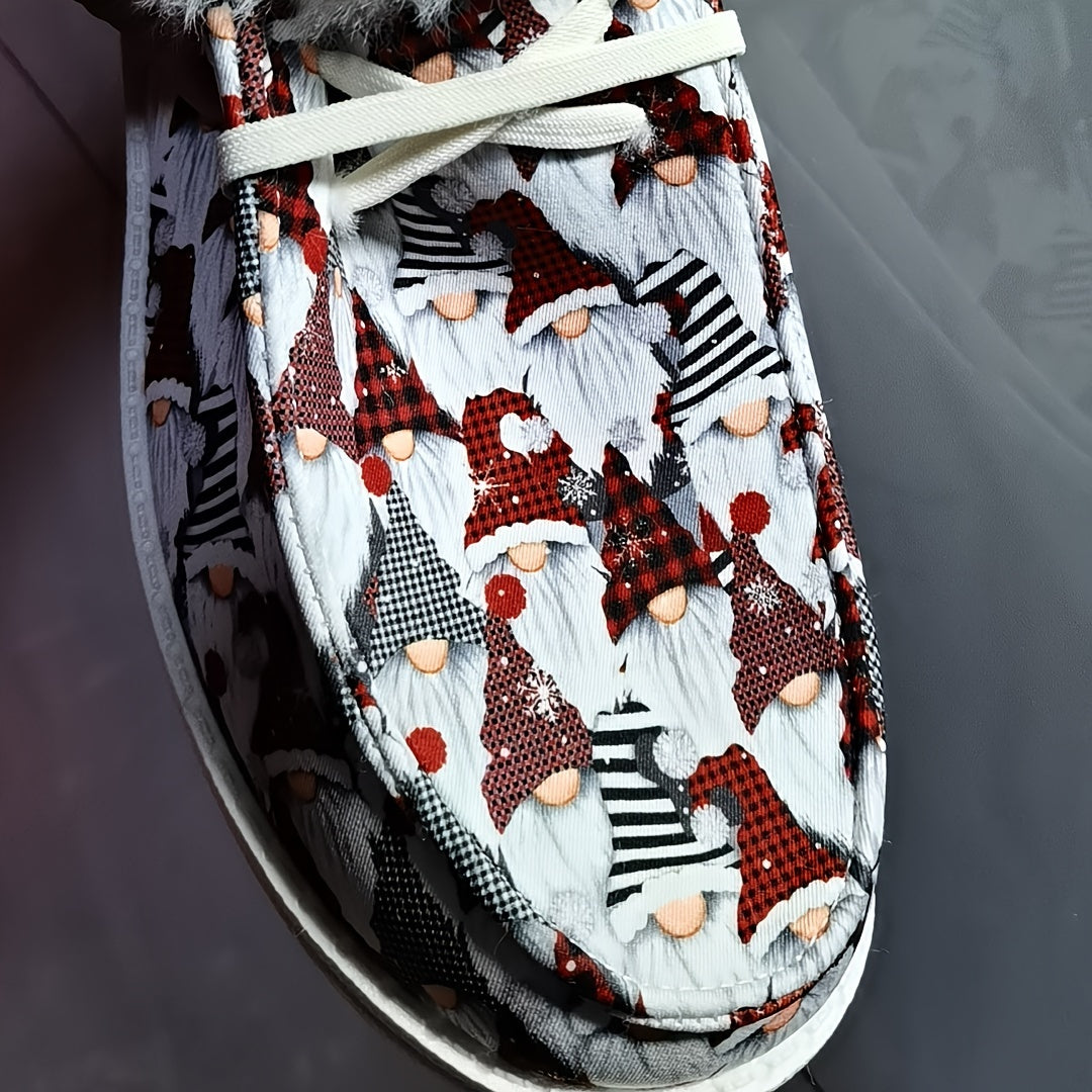 Women's Cartoon Santa Hat Print Shoes, Slip On Fluffy Soft Sole Flat Thermal Lined Shoes, Christmas Winter Plush Canvas Shoes