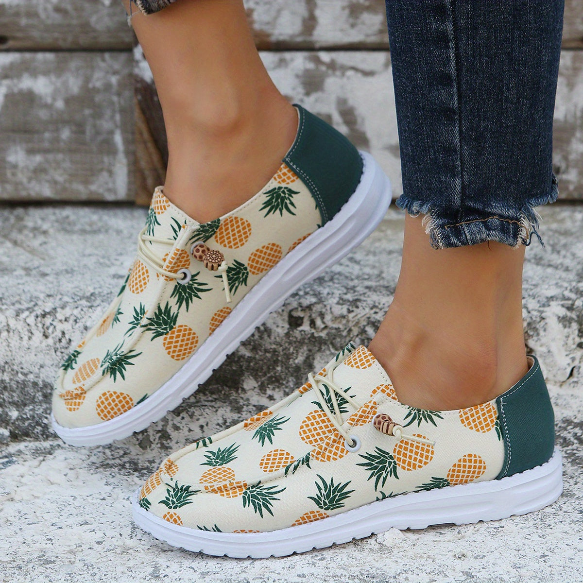 Women's Pineapple Print Canvas Shoes, Comfortable Low Top Slip On Sneakers, Casual Flat Walking Shoes
