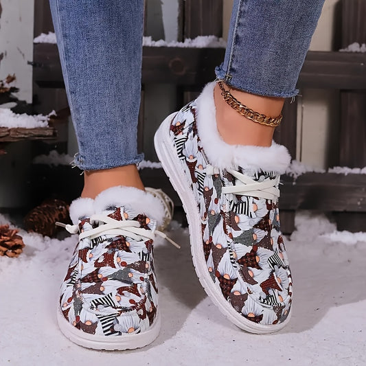 Women's Cartoon Santa Hat Print Shoes, Slip On Fluffy Soft Sole Flat Thermal Lined Shoes, Christmas Winter Plush Canvas Shoes