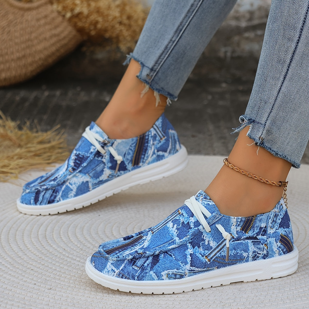 Women's Denim Print Flat Shoes, Casual Round Toe Slip On Canvas Shoes, Lightweight Low Top Sneakers
